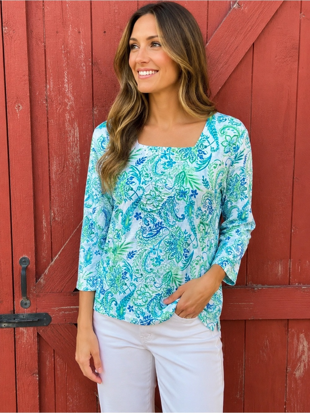 Alfred Dunner Blue Green Paisley Embroidered 3/4 Sleeve Top Size S